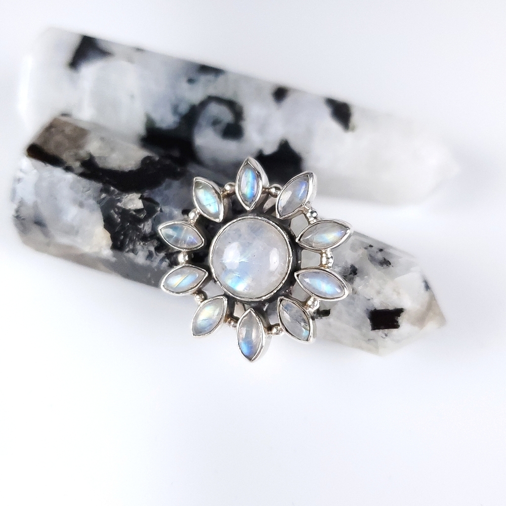 925 Sterling Silver Flower Starburst Rainbow Moonstone Ring New Size 7.75 - Picture 8 of 16